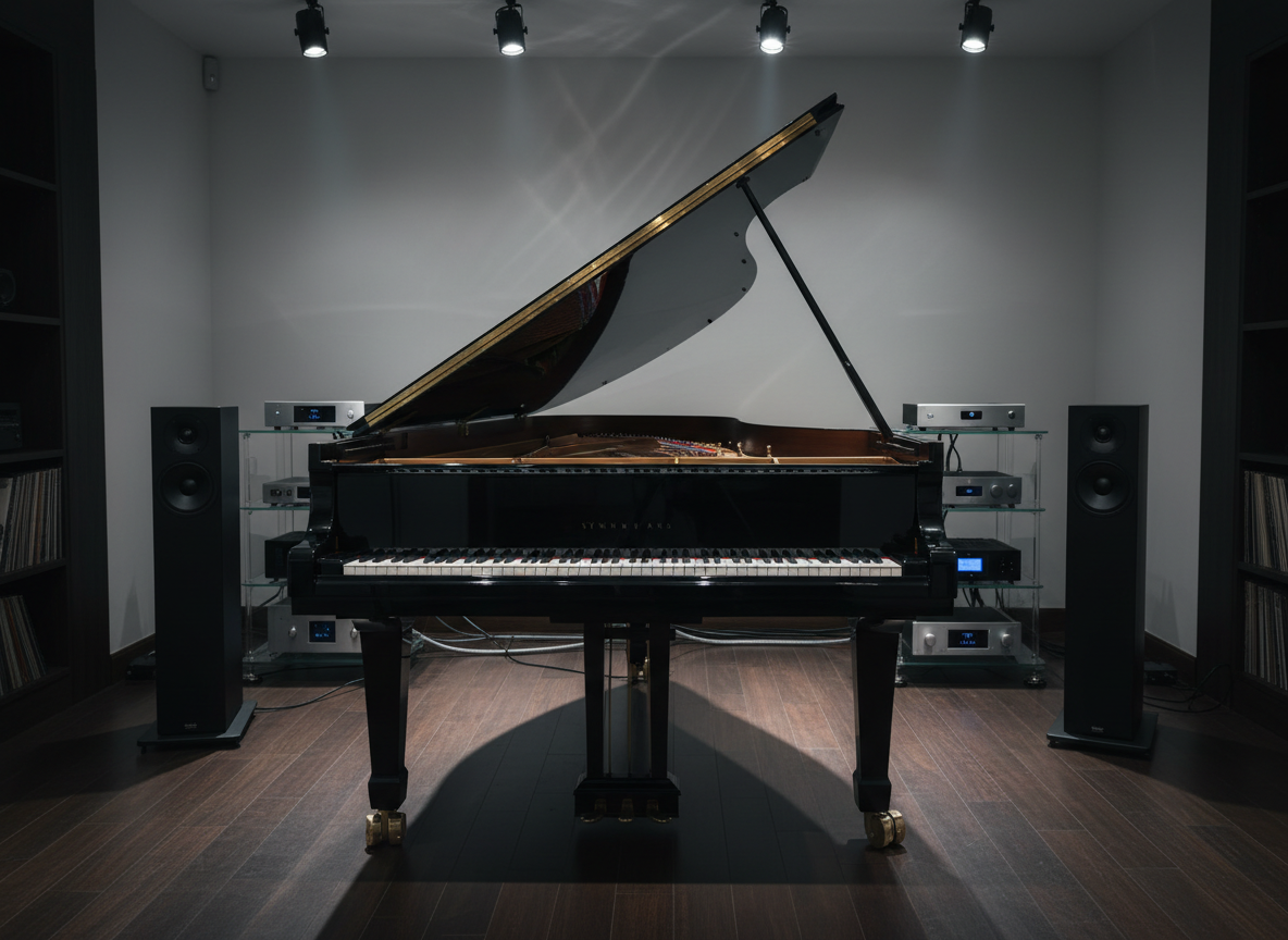 A luxurious grand piano in deep ebony gloss, its open lid revealing meticulously polished strings and golden hardware, stands centered in a minimalist, high-end listening room. Around it, sleek matte-black floor speakers and a glass equipment rack with high-fidelity amplifiers and DACs subtly glow. Soft, directional studio lighting from above and behind creates elegant reflections along the piano’s curves and casts long, refined shadows on the dark hardwood floor. Shot at eye level with a slightly wide angle, the composition emphasizes symmetry and depth, with a gently blurred background of vinyl records and digital audio players. The atmosphere is sophisticated, cinematic, and quiet, in a photographic realism style suited for a premium online music shop and streaming brand.