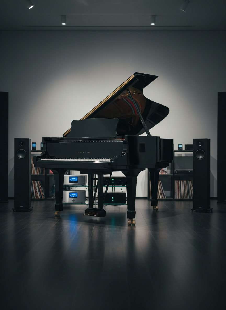 A luxurious grand piano in deep ebony gloss, its open lid revealing meticulously polished strings and golden hardware, stands centered in a minimalist, high-end listening room. Around it, sleek matte-black floor speakers and a glass equipment rack with high-fidelity amplifiers and DACs subtly glow. Soft, directional studio lighting from above and behind creates elegant reflections along the piano’s curves and casts long, refined shadows on the dark hardwood floor. Shot at eye level with a slightly wide angle, the composition emphasizes symmetry and depth, with a gently blurred background of vinyl records and digital audio players. The atmosphere is sophisticated, cinematic, and quiet, in a photographic realism style suited for a premium online music shop and streaming brand.